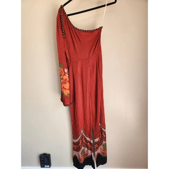 NWD Farm Rio x Anthropologie One-Shoulder Printed Satin Jumpsuit Sz S Red 9D403 - Picture 4 of 16